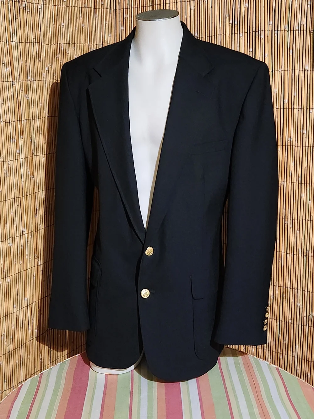 44L USA Gold Button Black Classic Blazer Notch Lapel Hopsack Vtg NEVER WORN exc.